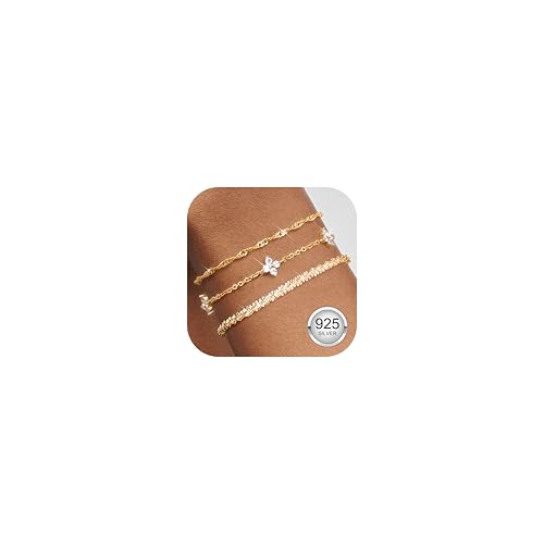 Finrezio 3 Piezas Pulsera de Plata de Ley 925 Pulsera Oro para Mujer Pulseras Apilables Chapadas Oro 14...