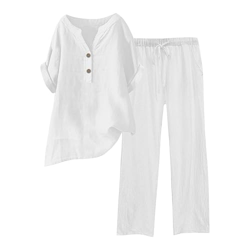 Conjunto de 2 Piezas de Lino para Mujer, Camisa y Pantalones con Botones, Casual, Holgado, para Playa,...