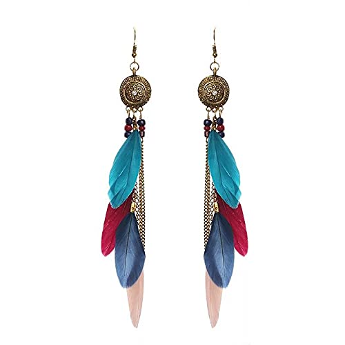 CHUANGOU Pendientes Largos Boho de Plumas con Flecos