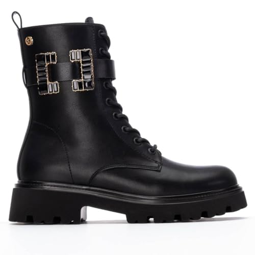 XTI - Bot&iacute;n Militar Mujer Negro - Calzado C&oacute;modo y Vers&aacute;til - Moda casual - Modelo 14443101 (Talla 38)