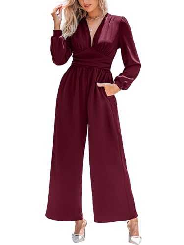 CUPSHE Mono para mujer con cuello en V y manga larga abullonada, pierna ancha, elegante mono con...