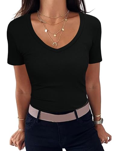 Aottori Camiseta Basica Negro Mujer Verano Manga Corta Camisetas Elegante de Punto Blusas Cuello en V...