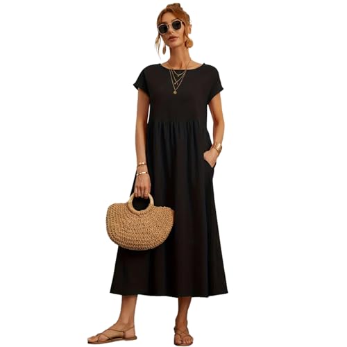 Hanaoops Vestidos Largos Verano para Mujer Mangas Cortas Cuello Redondo Casual Vestidos Elegante Suelto...
