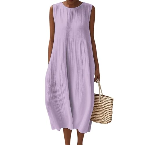 Udbeksid Vestido Mujer Estivo Boho Chic - Abito sin Mangas Largo de Lino Estampado y Bolsillos, Suave...