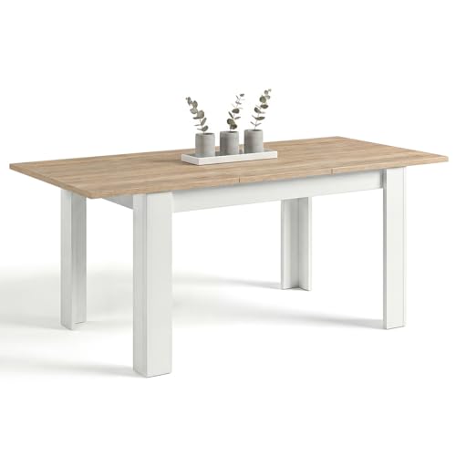 duehome | Mesa de Comedor Extensible, Mesa Rectangular, Modelo Sira, Acabado en Blanco Artik y Roble...