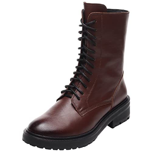 rismart Mujer Botas Militar Moteras Cuero Media pierna Invierno Guay Botines SN02932(Marr&oacute;n,36.5 EU)