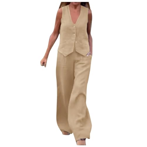 Conjunto formal de 2 piezas de blazer para mujer, de algodón, lino, cuello en V, sin mangas, chaleco con...