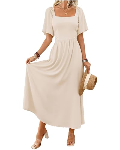 LIAMERHE Vestido Largo Mujer Verano Elegante Cuello Cuadrado Manga Volante Vestido Maxi de Fiesta Boda...