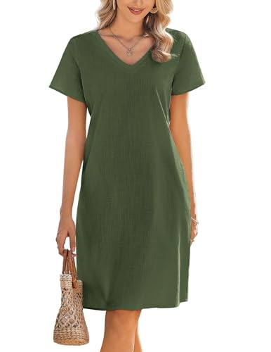 Zeagoo Vestido de Verano para Mujer Vestidos de Lino Playa Vestidos Corto Midi de Manga Corta de Algod&oacute;n...