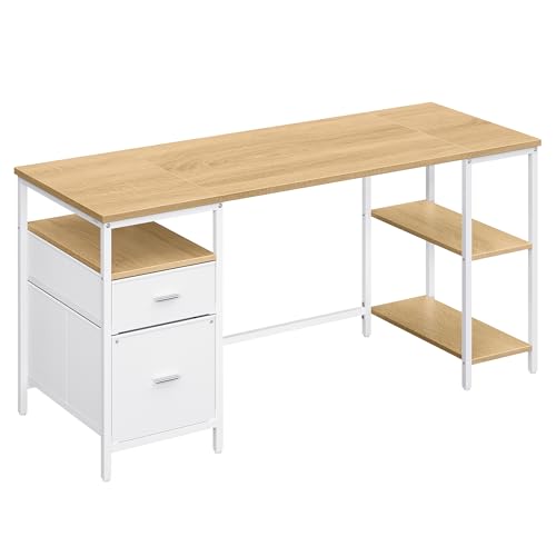VASAGLE Mesa de Ordenador, Mesa de Oficina, con 3 Estantes, 2 Cajones, 160 x 60 x 76 cm, para Oficina,...