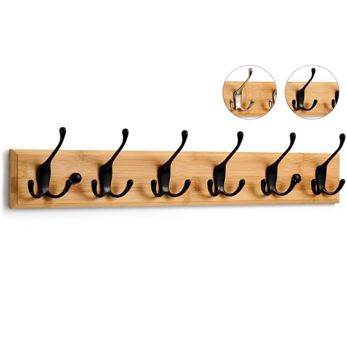 LARHN. Perchero Pared Madera y Negro - 6 Colgadores Triples - 59 cm - Percheros Pared de Dise&ntilde;o para...