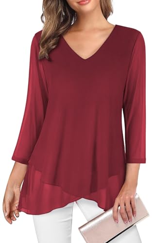 Adigaber Camisas para Mujer Elegante Manga 3/4 y Cuello en V Blusa Suelta Sólidos Estampadas Casual Gasa...