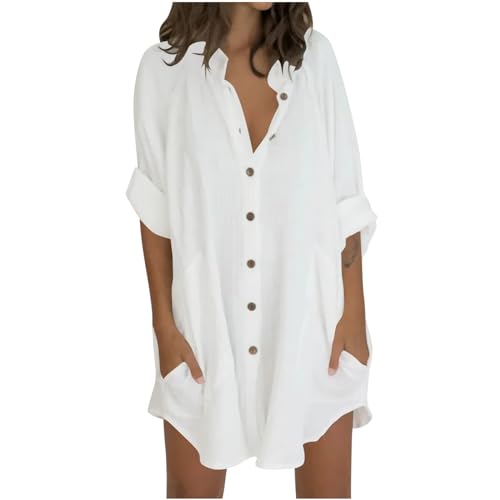 Camisa Mujer Lino Algod&oacute;n Manga Larga Camiseta Largo Blusa Ligero Verano Moda Casual Color S&oacute;lido...