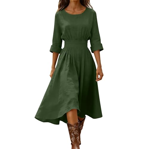 Mfhmom Vestido Lino Algod&oacute;n Mujer Largo Elegante Color Liso Boho Manga 3/4 Cuello Redondo Cintura...