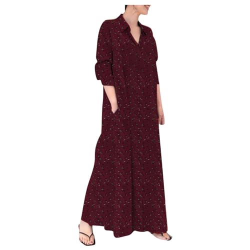 Gen&eacute;rico Vestido Maxi Boho de Manga Larga para Mujer de Algod&oacute;n y Lino Estampado, Camisa con Bolsillos...