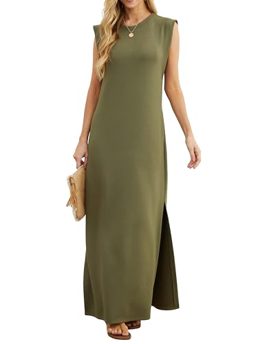 GRECERELLE Vestido largo de verano para mujer, estilo casual, elegante, b&aacute;sico, sin mangas, con abertura...