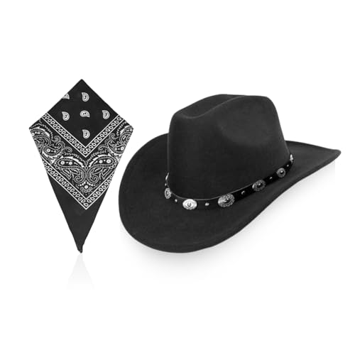 1 Sombrero De Fieltro De Vaquero De Ala Ancha Y 1 Bufanda Cuadrada Multifuncional, Sombreros Retro,...