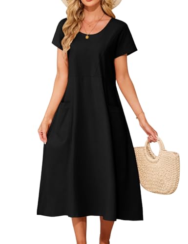 PASUDA Vestidos Verano Mujer Largo Vestido Midi Algod&oacute;n Manga Corta Sueltos Boho Casual Elegante Vestido...