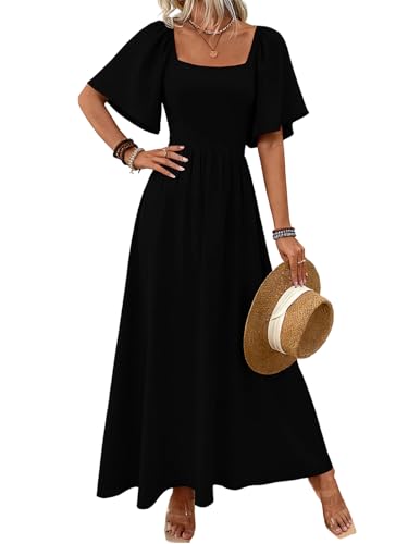 LIAMERHE Vestido Largo Mujer Verano Elegante Cuello Cuadrado Manga Volante Vestido Maxi de Fiesta Boda...