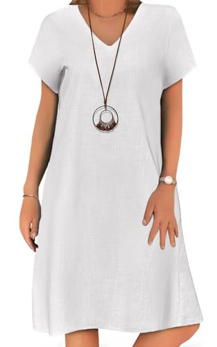 Zeagoo Vestido de Verano para Mujer Vestidos de Lino Playa Vestidos Corto Midi de Manga Corta de Algod&oacute;n...