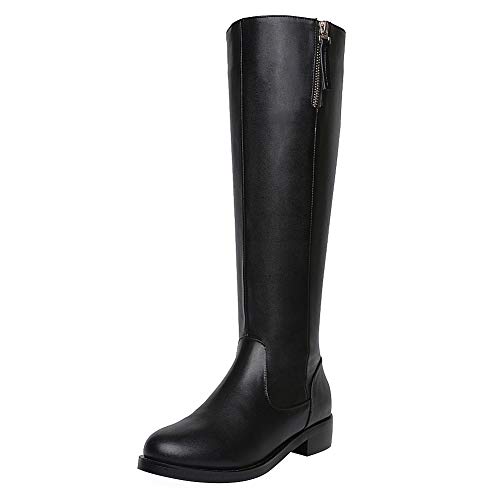 ANUFER Mujer Elegante Cuero de Microfibra Rodilla Alta Botas Bloque de Tac&oacute;n Cremallera Lateral Negro...