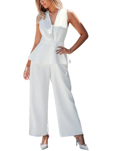 CUPSHE Mono de mujer con cuello en V, sin mangas, con volantes, piernas anchas, malla y dise&ntilde;o en el...