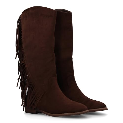 shoes&blues.es 94801 Bota Plana Mujer con Flecos y Estampado Liso, Diseno Moderno. Estilo Cowboy. Tacon...