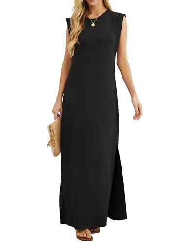 GRECERELLE Vestido largo de verano para mujer, estilo casual, elegante, b&aacute;sico, sin mangas, con abertura...
