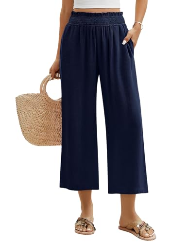 PASUDA Pantalones Lino Mujer C&oacute;modos 3/4 Pantalon Verano Anchos Ligero Algod&oacute;n Lino Pantal&oacute;n Alta...