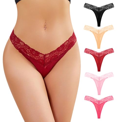 KOEMCY 5 Piezas Bragas Encaje Mujer Tanga Braguitas sin Costuras Ropa Interior Algodon Invisible...