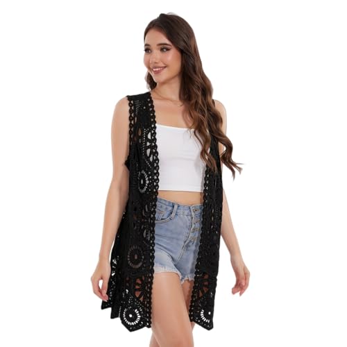 Chaleco sin mangas para mujer con encaje de crochet floral, estilo bohemio, con borde abierto en la parte...