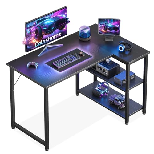 Coleshome Escritorio Gaming, 100x70cm Escritorio Esquinero con Estante de Almacenamiento Reversible, Mesa...