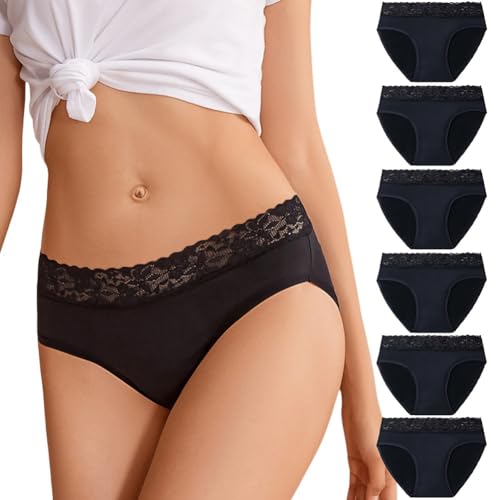 flintronic 6PCS Bragas Mujer Algodón, con Encaje, Braguita de algodón, Elástico Culotte Cintura,...