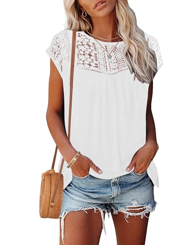 WNEEDU Camisetas Manga Corta Mujer Encaje Blusas Top Verano Elegantes Camisa Casual y Vers&aacute;Til Blanco XL