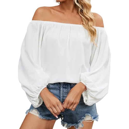 KBOPLEMQ Blusa con hombros descubiertos para mujer, manga larga, parte superior de gasa sexy, blusa de...