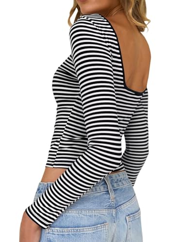 TUUHAW Camiseta Manga Larga Mujer Cuello Barco B&aacute;sica Y2K Crop Top de Espalda Descubierta Ajustada Ropa...