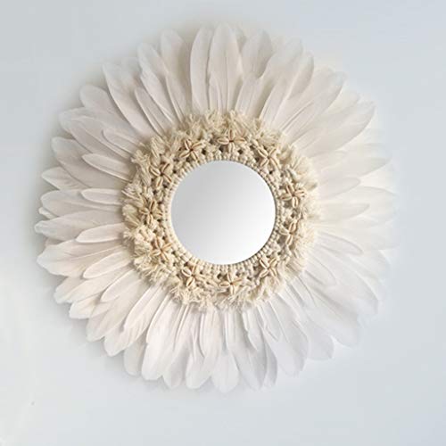 ZNKZJ Espejo Colgante de Pared con Pluma, decoraci&oacute;n de Espejo de Pared de Macrame Redondo Redondo Hecho...
