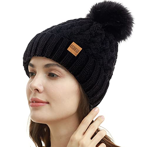 REDESS - Gorro de Invierno con pomp&oacute;n para Mujer, Gorros c&aacute;lidos con Forro Polar, Gorro Cruzado de...