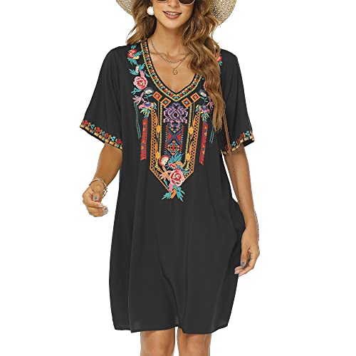 Vakakado Mujer Verano Boho Mexicano Vestido Campesino Manga Corta Bordado Floral Vestidos Flowy T&uacute;nica...