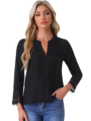 Allegra K Mujer Blusa Boho Tapeta De Medio Botón Y Manga Larga De Encaje De Ganchillo Negro M