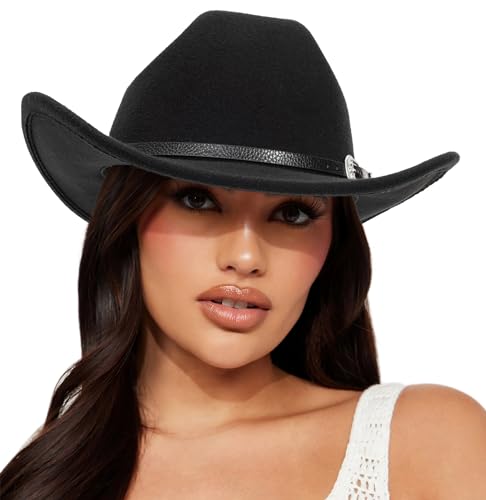 Sombreros de vaquero occidental cl&aacute;sicos de fieltro para mujer, sombrero de jazz de ala ancha con...