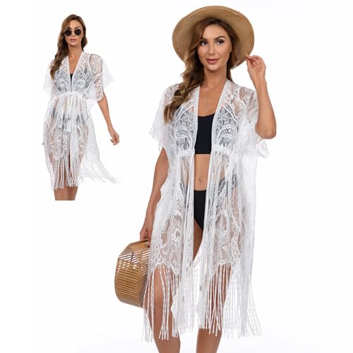 ZCJ Vestido de Playa para Mujer con Encaje y Flecos, Kimono de Playa con Cintura El&aacute;stica y...