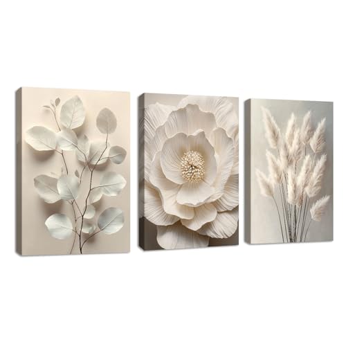3Pcs Neutro Beige Floral Planta Marco de madera Cuadros Decoracion Salon,3D Textura Flor Bot&aacute;nico...