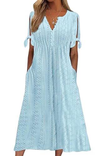 CheChury Vestido Casual Mujer Verano Azul S&oacute;lido Manga Corta Cuello en V Boho Vestido Verano Bohemio...