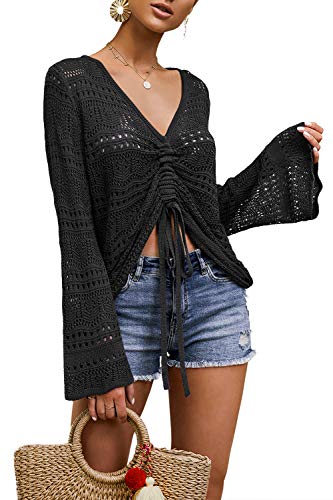 Saodimallsu - Camisas de crochet con mangas acampanadas, de gran tama&ntilde;o, con hombros descubiertos,...