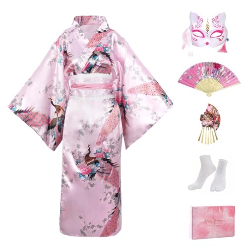 CRFASIBE 5 Piezas Kimono Mujer, Tradicional Japon&eacute;s Largo Kimono con Estampado de Pavo Real, Albornoz...