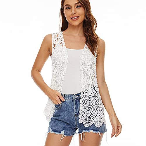 Chaleco C&aacute;rdigan sin Mangas con Frente Abierto de Encaje Floral de Ganchillo Estilo Boho para Mujer,...
