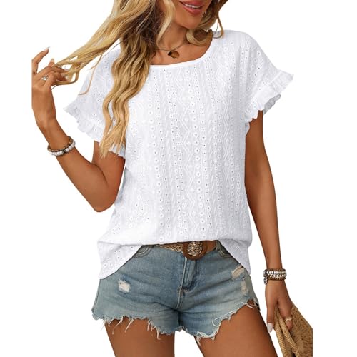 aromm Mujer Verano Escotado Tops Cuello Redondo con Volantes Manga Corta Blusas Boho Camisas, Blanco, L