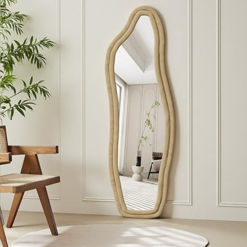 PerGar Espejo de cuerpo entero, espejo ondulado irregular, espejo de pie con marco de madera revestida de...