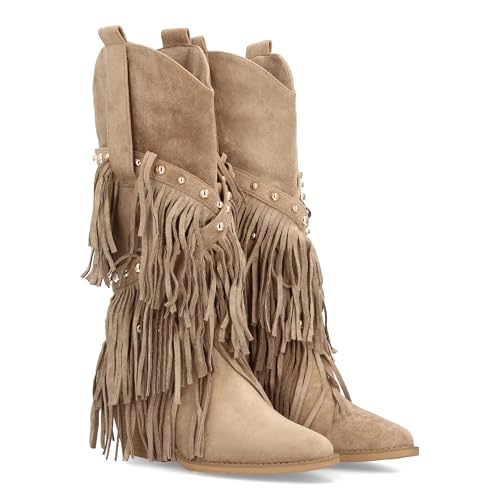 97780 Bota de Estilo Western con Cana Alta Decorada con Flecos en Cascada y Tachuelas metalicas, Punta...